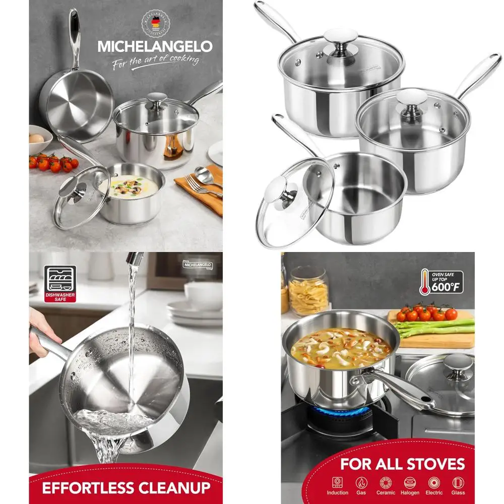 

3-Piece Stainless Steel Saucepan Set: 1-3 Qt Pots with Lids, Induction, Oven & Dishwasher Safe