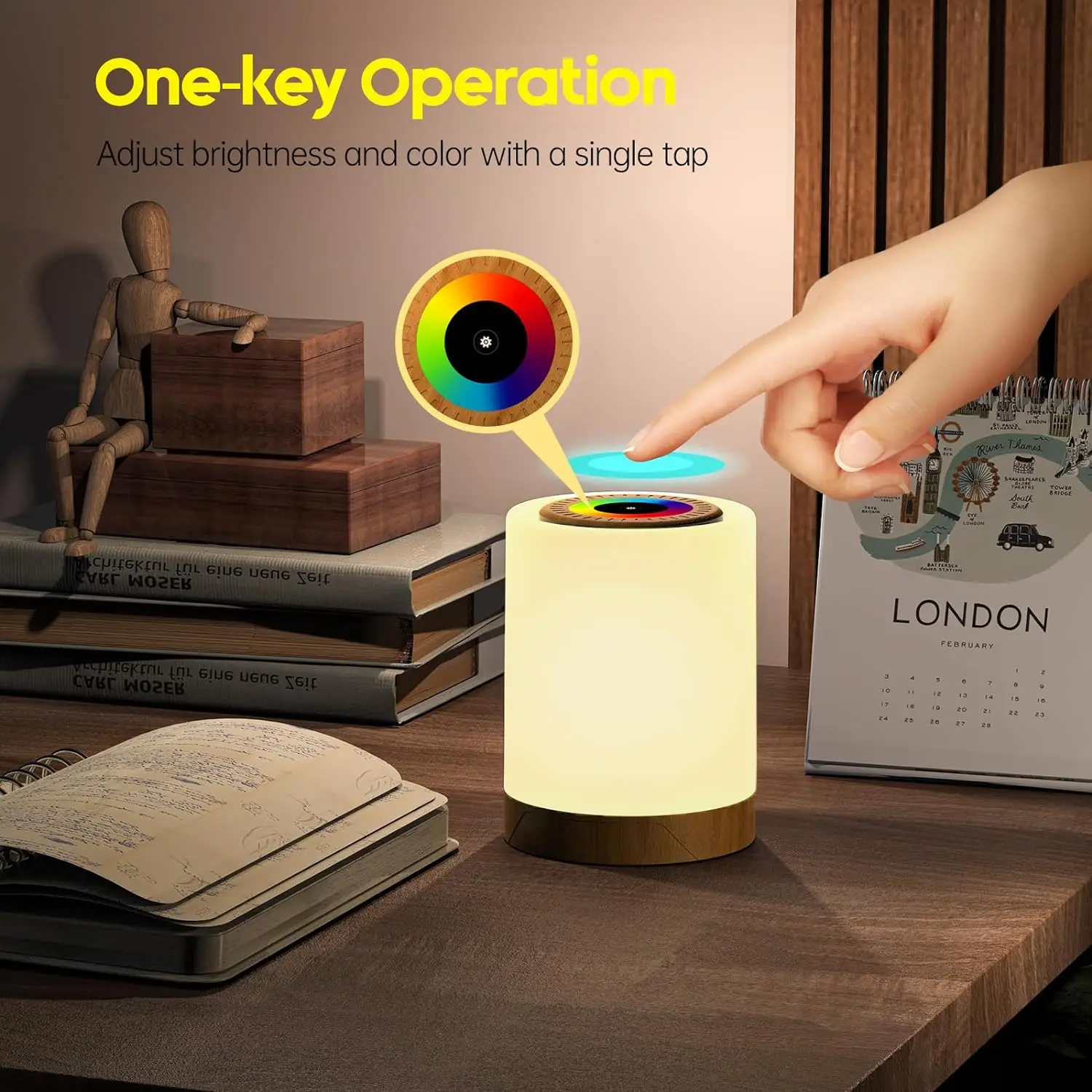 Bedside lamp touch dimmable, 10 colors and 4 modes night light USB rechargeable, infinitely dimmable LED light.