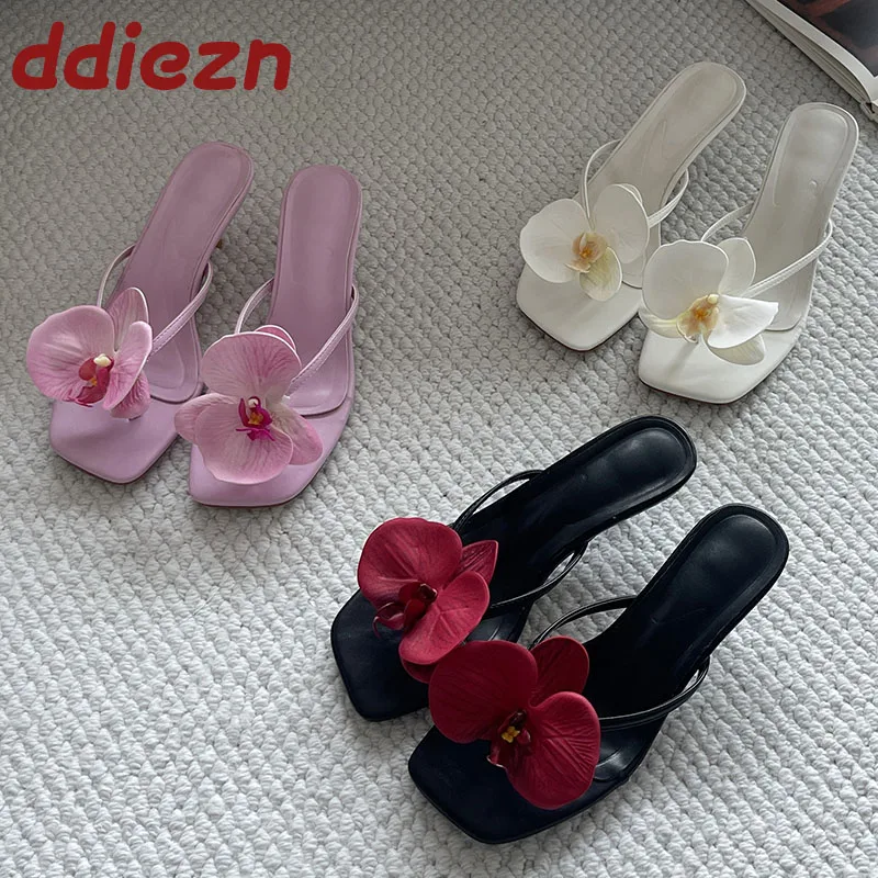 Slip On Pumps Ladies Medium Heels Shoes Fashion Flower Women Thin Heels Slides Shoes Female Flip Flops Footwear Big Size 43
