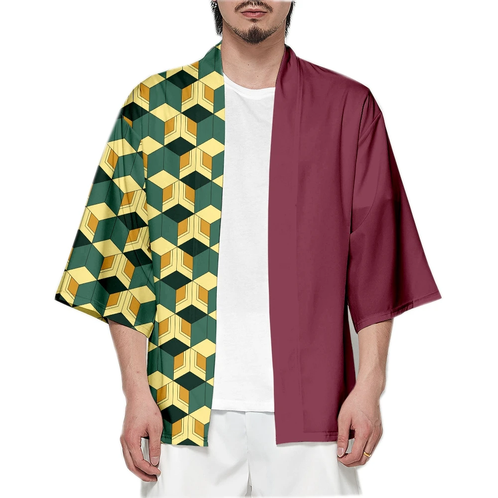 Personagem de anime kamade zezeko rosa feminino quimono cardigan verão kamado tanjirou verde preto xadrez masculino japonês haori casaco