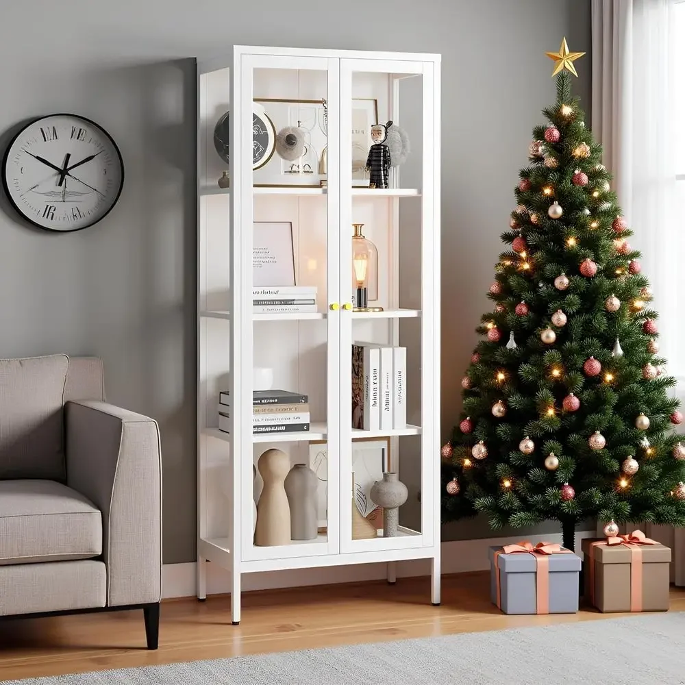 Espositore in metallo bianco a 4 livelli con ante in vetro temperato per soggiorno, piante e oggetti da collezione, assemblaggio richiesto