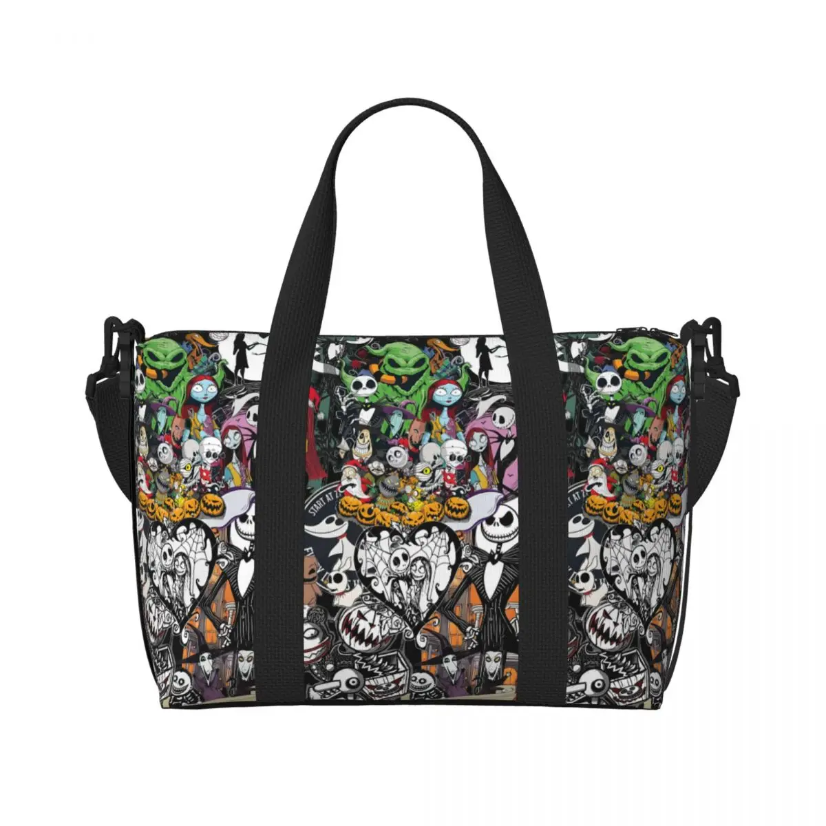 

Custom Large Jack Skellington Tote Bag Women Living Skeleton Shoulder Shopper Beach Gym Travel Bag
