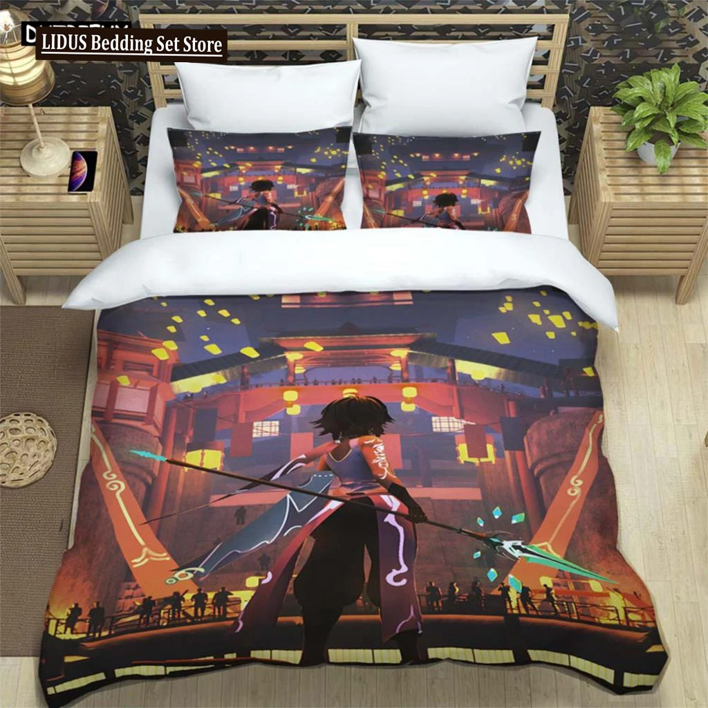 Genshin Impact Printed Polyester Bedding Set For Boys And Girls Three Piece Comfortable Soft Couple Gift Bedding Sets