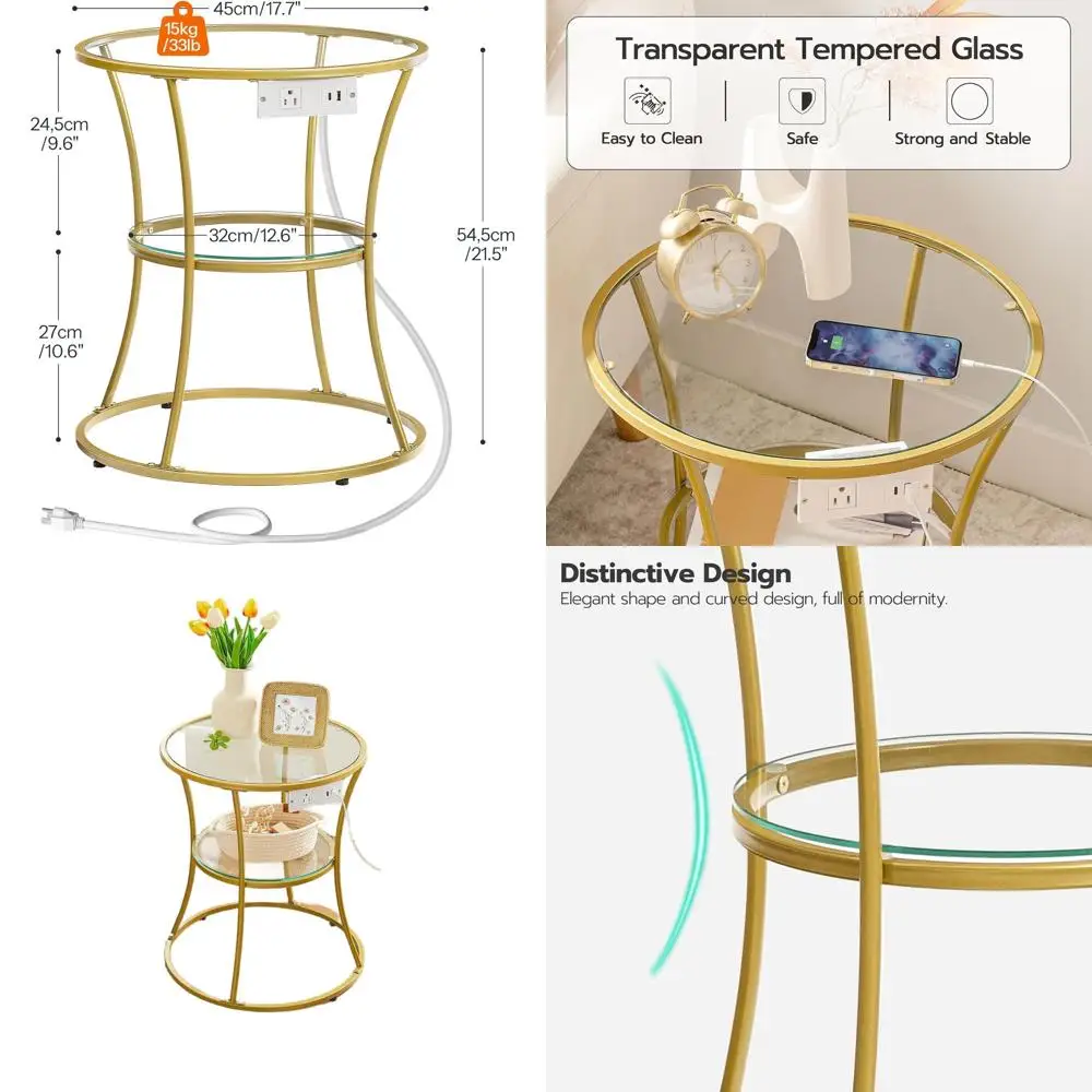 Round Coffee End Table with Charging Station, 2-Tier Small Accent Side Table with Glass Tabletop, Round Nightstand for Small Spa
