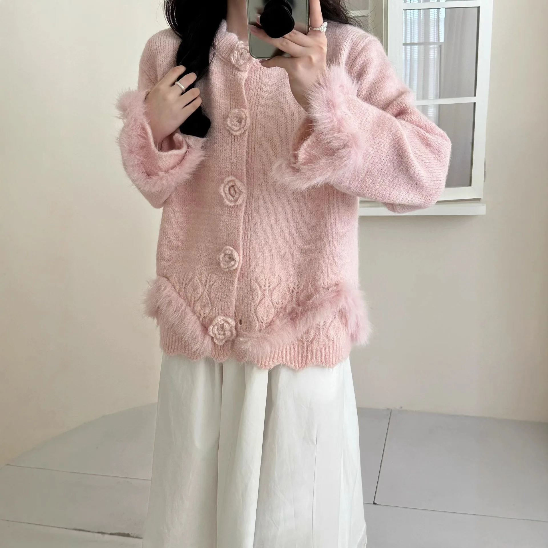 

Women Knitted Cardigan Sweaters Solid Jumpers 3D Floral Round Neck Long Sleeves Single Breasted Loose Casual 2025 Autumn Winter