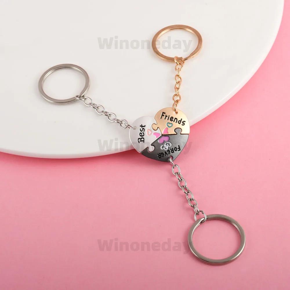 Winoneday 3Pcs/set Cute Heart-shaped Stitching Best Friend Forever Key Chain for Men Fashion Friendship Gifts