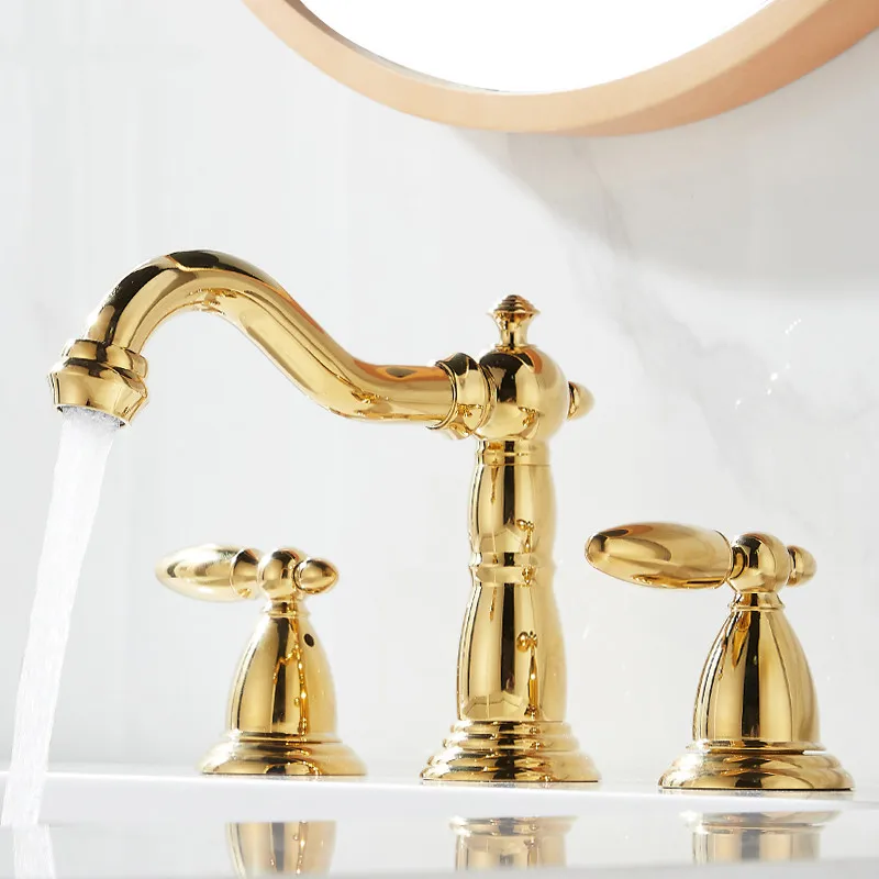 Widespread Lavatory Mixer Tap Brass Three Hole Sink tap gold black sink faucet Hot Cold Bathroom Sink Tap Mixer 8 inch Sink