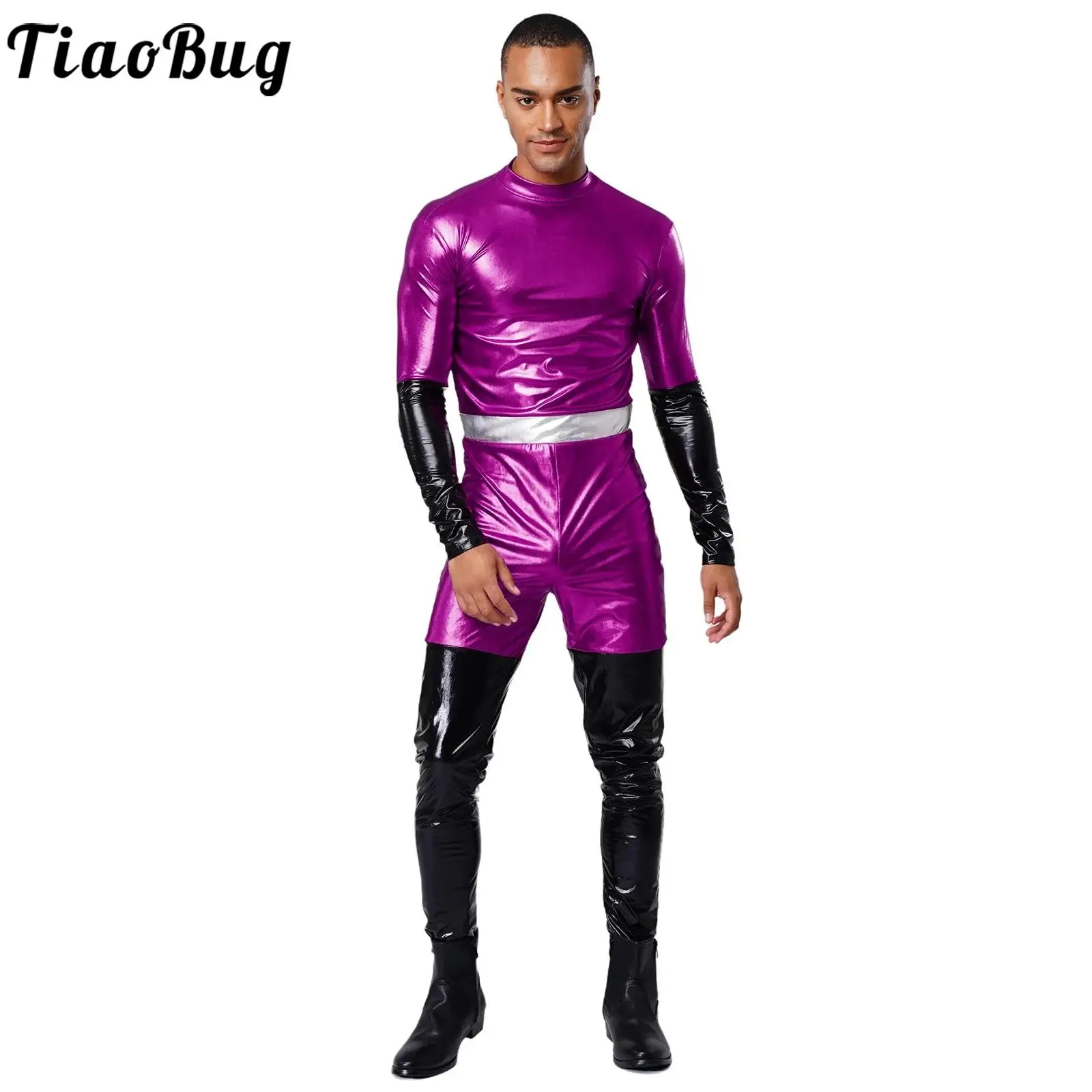 

Men Movie Fantastic Cosplay Costume Jumpsuit Fancy Dress Up Halloween Carnival Party Metallic Long Sleeve Full Bodysuit Clubwear