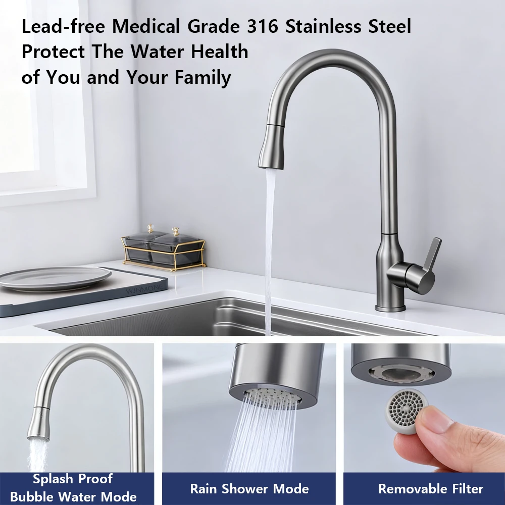 316 Stainless Steel Pull Out Sensor Kitchen Faucet Smart Touchless LED Display Swivel Kitchen Sink Faucets Brushed Nickel Mixers