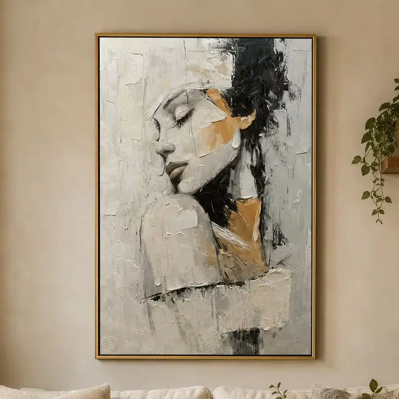 Silent Contemplation – Modern Luxury Expressionist Portrait Textured Painting for Bedroom, Living Room & Home
