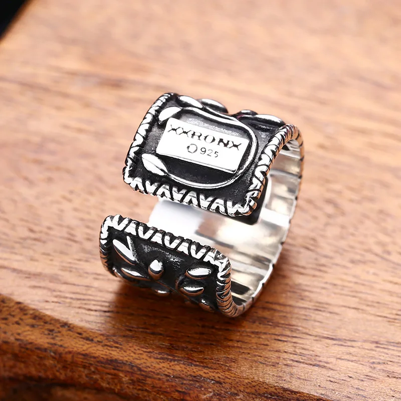 sterling silver inlaid large zircon ring for men and women open ring pattern Thai silver retro retro style personality ornament