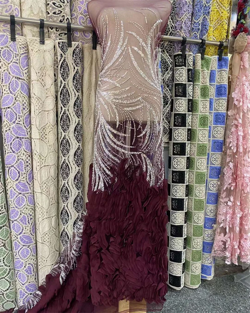 Brangdy African French Tulle Embroidery Beaded Lace Fabric, Nigerian Sequins, Wedding Party Dress, Elegant, 2024 image 5