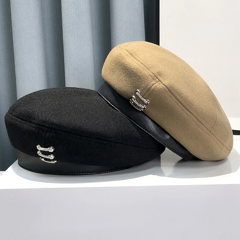 Eleganckie damskie wełniany Beret brytyjski Vintage czapka malarza wysokiej jakości wełniany rhinestone filcowy kapelusz berety damskie kaszmirowe