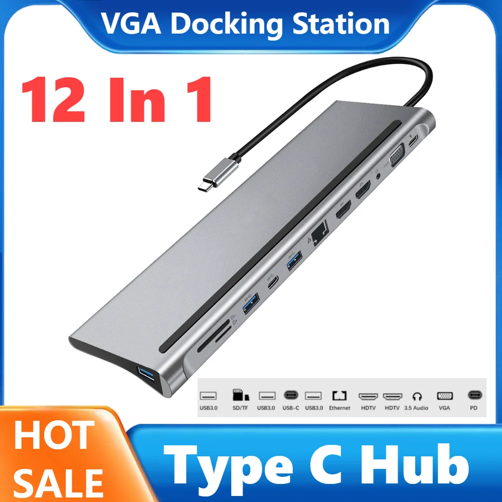

12 In 1 Type C HUB USB 3.1 to Dual HDMI-compatible USB C Docking Station PD 87W 4K RJ45 VGA Multi USB Splitter Docking Station