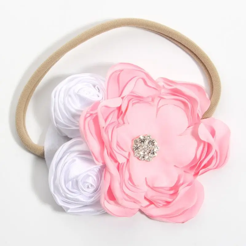 

5pcs Diamond Flower Headband Princess Nylon Turban Baby Girl Satin Flower Newborn Birthday Headband Headwear Toddler Photoprop