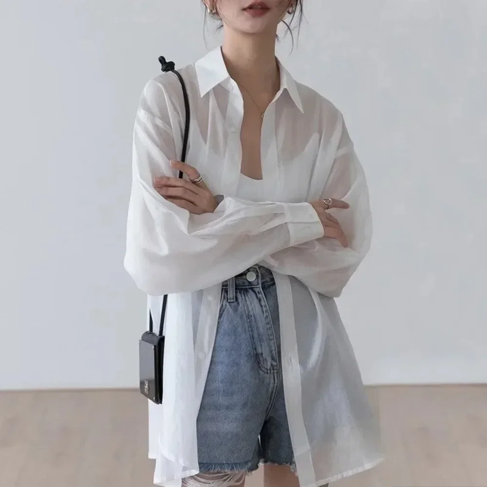 Korean Sunscreen Shirt Women 2024 Summer Clothes Fashion Bandage Blouses Elegant Loose Long Sleeve See Through White Tops