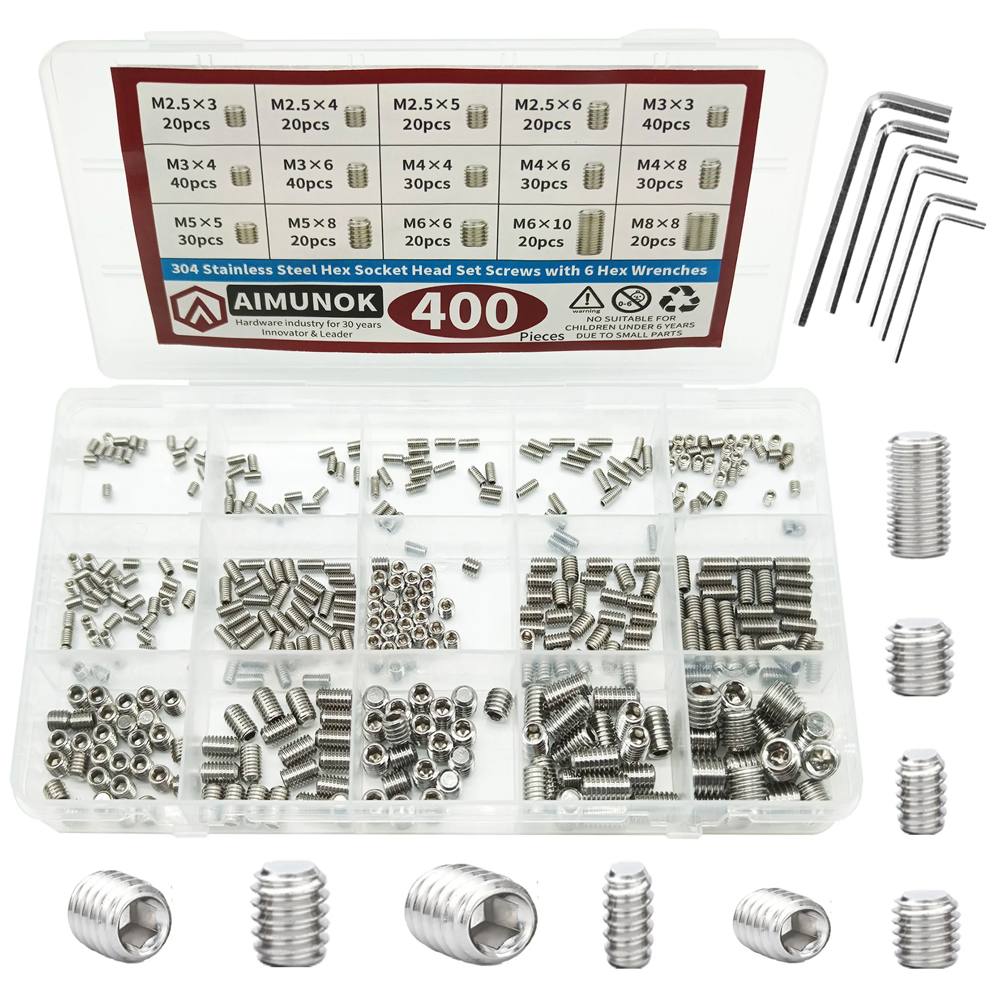 

400Pcs M2.5, M3, M4, M5, M6, M8 Metric Hex Socket Head Cup Point Set Screws, 304 Stainless Steel Allen Head Grub Screw