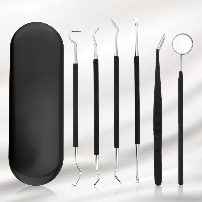 Silicone Handle Stainless Steel Dental Oral Cleaning Tool Kit Black Dentist Tool Dental Mirror Double Probe SickleTooth Cleaner