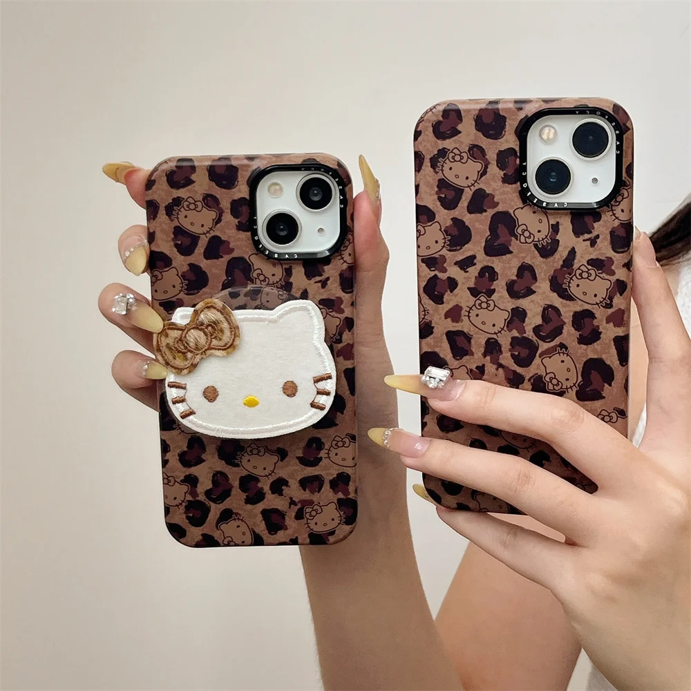 

New luxury leopard print HelloKitty stand lanyard, suitable for iPhone 17 12, 13, 14, 15, 16 Pro Max anti fall all inclusive