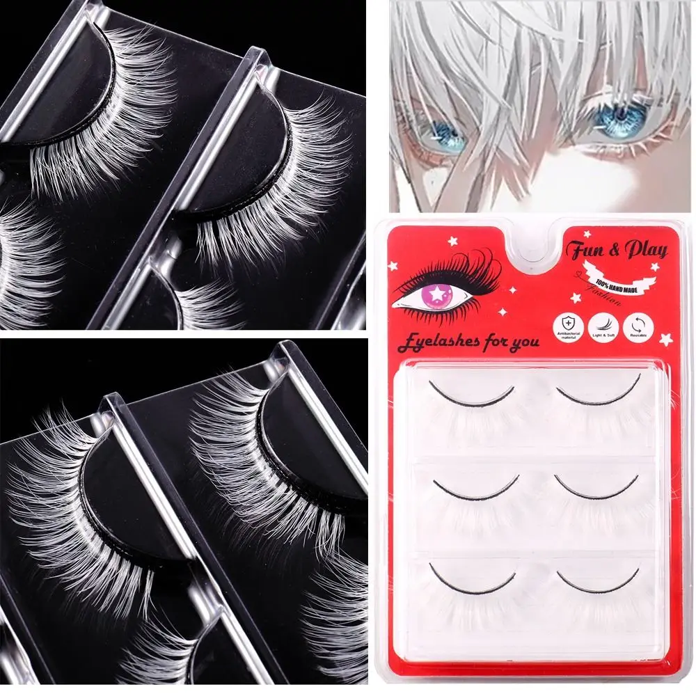 3 paires de Faux cils blancs dramatiques, Manga naturel, Faux cils moelleux en vison, longs et épais, pour Cosplay, fête d'halloween