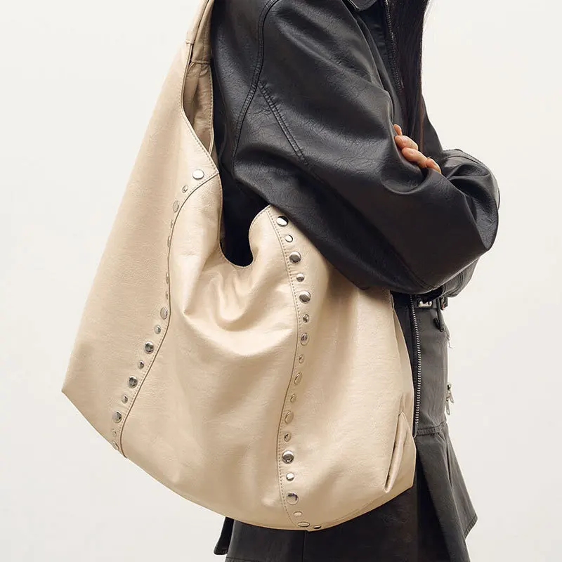 

FIRMRANCH Simple Lazy Pure Color Rivet Design Women's Large Capacity Shoulder Bag Shopper Tote Lightweight Soft PU Pouch