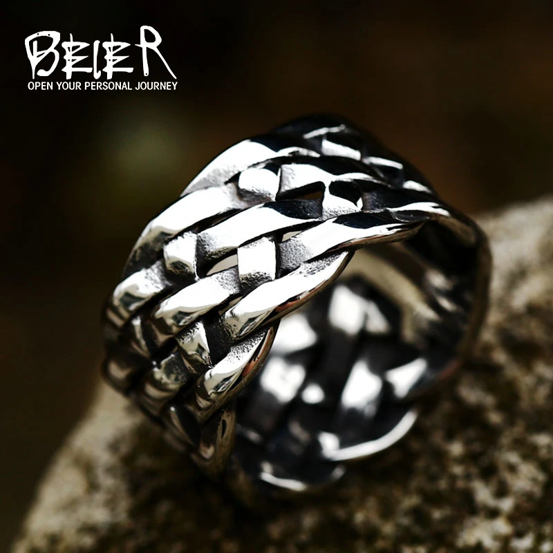 BEIER 2018 Man Wide Twist Knitting Ring Personality Exagerrated Stainless Steel Special Fashion Jewelry BR8-249 US Size