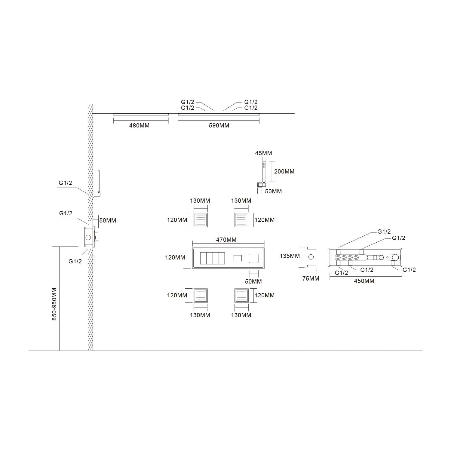 مجموعة دش مخفية فاخرة من النحاس بالكامل، خلاط ثرموستاتي بسيط مثبت على الحائط