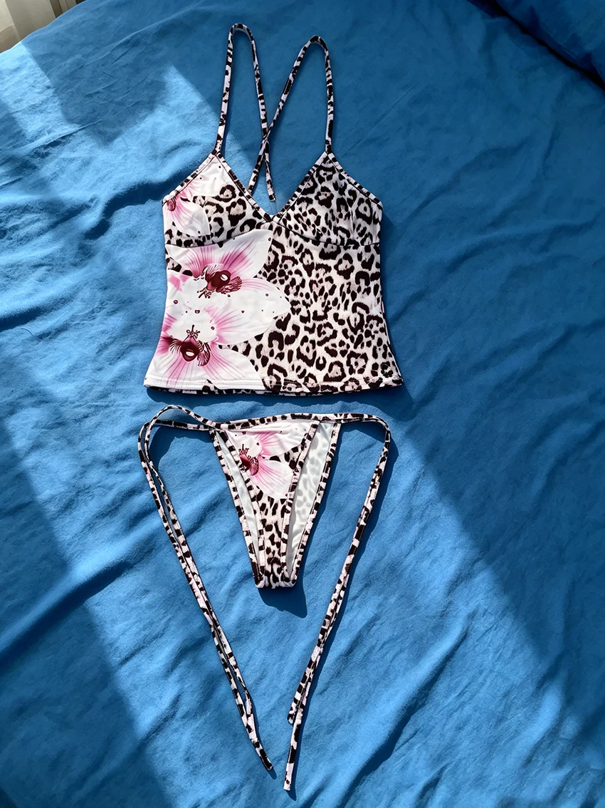 Fashionable High Waist Floral Detail Design Lace Up Underwear Y2K Punk High-end Sexy Classic Leopard Print Suspender Bikini Sets