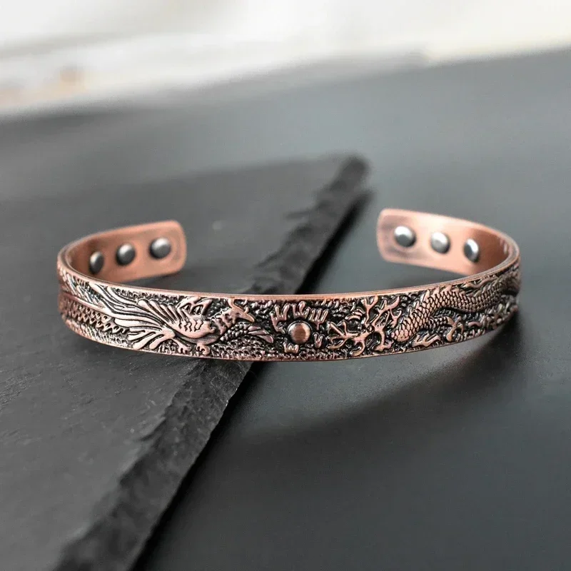 Pure Copper Bracelet Men Traditional Dragon Pattern Men Cuff Bracelet Magnetic Therapy Health Energy Bracelet for Men