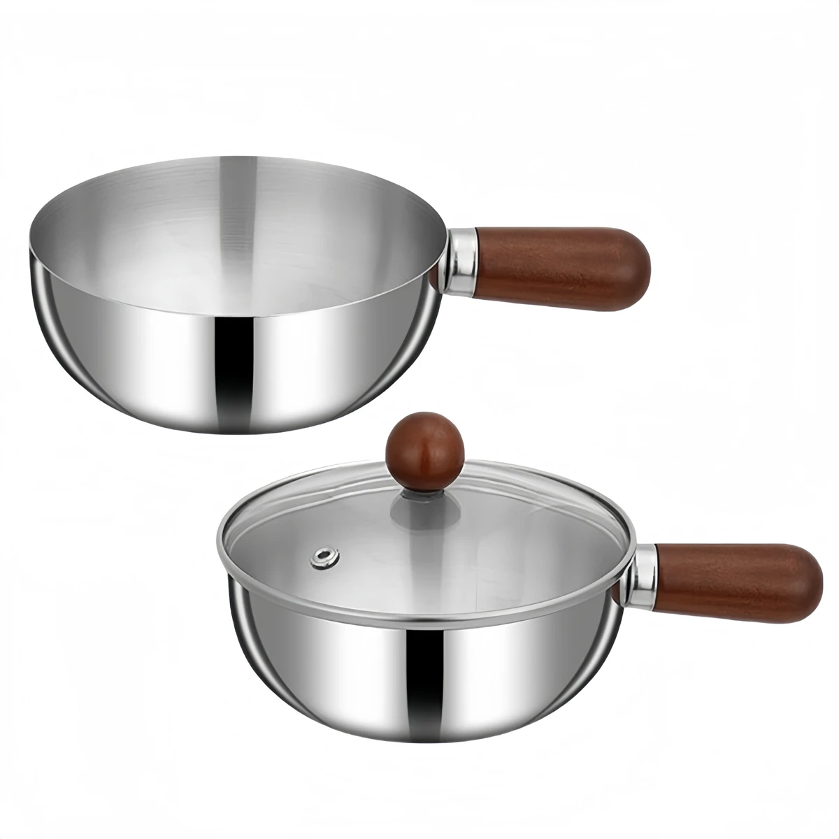 وعاء الحليب من الفولاذ المقاوم للصدأ مع مقبض خشبي ومقلاة مسطحة القاع للاستخدام على مواقد الغاز والكهرباء التعريفي #5