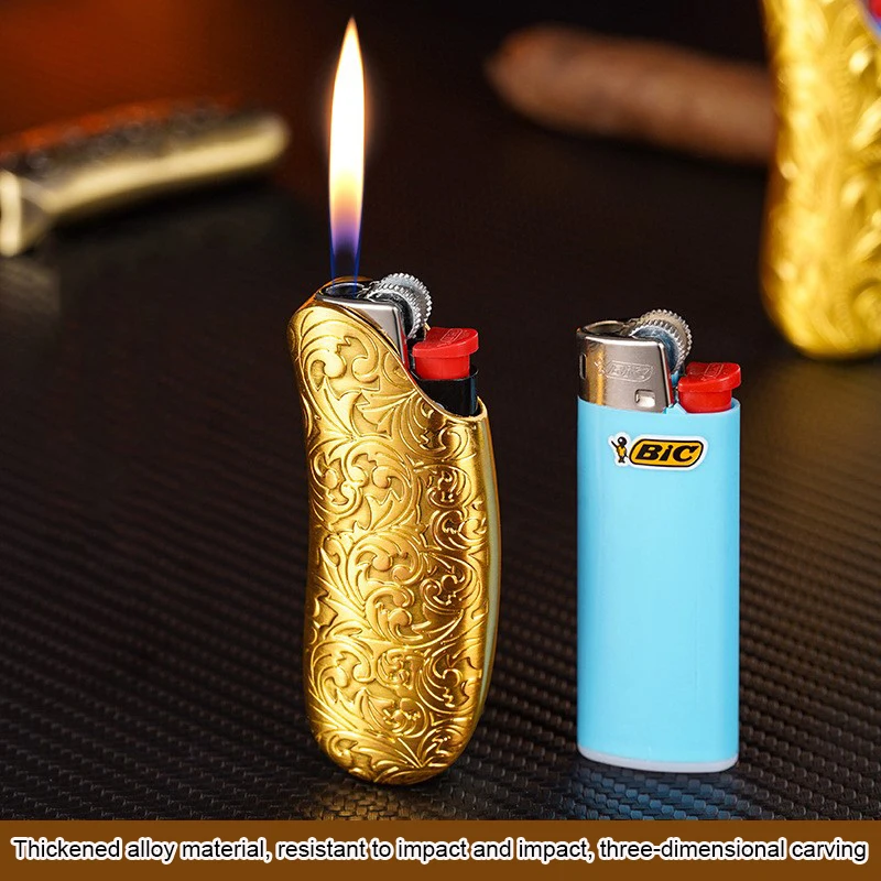 Banana Shaped Metal Case for BIC lighter mini J5 Golden Pattern Gas Lighter Decorative Shell