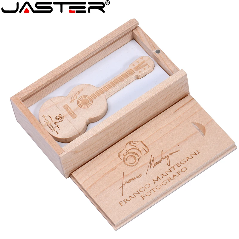 JASTER Wood Guitar USB Flash Drives 128GB Free Custom Logo Pen Drive 64GB Wooden Box Memory Stick Music Creative Wedding Gift