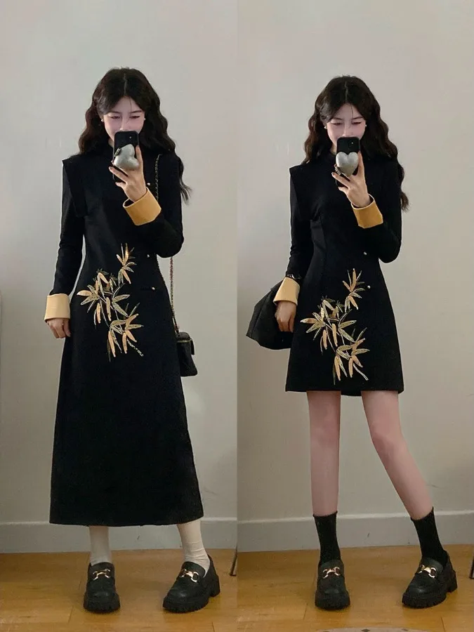 

Новое китайское вышитое платье-ципао больших размеров для женщин, осенне-зимнее, с завышенной талией, А-силуэт, длинное, средней длины