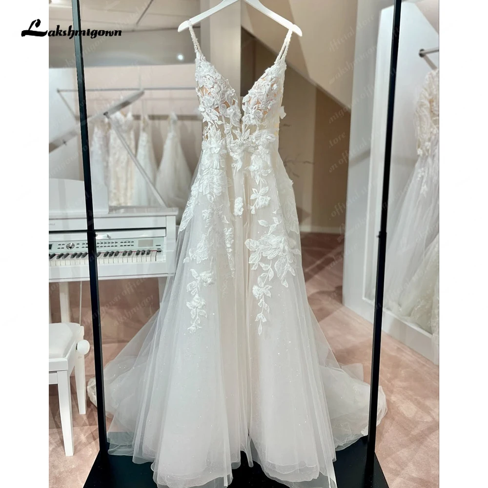 

Lakshmigown Classic Spaghetti Straps Lace Flower Wedding Dress for Women 2025 V Neck Backless Boho Bridal Gown Customized