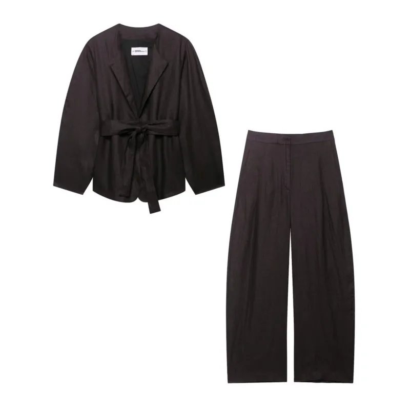 

Women Mid Waist Pants Set Two Piece Casual Long Sleeve O Neck Straight Hem Belted Kimono Trousers 2 Piece Set Women Outfit