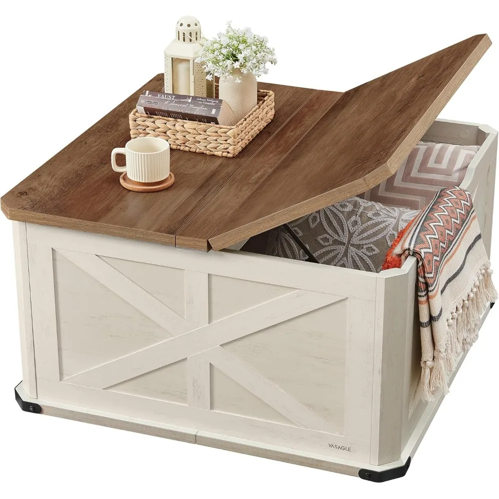 Farmhouse Coffee Table with Storage, Square Coffee Table for Living Room, Center Table with Flip-Top Lids, Café Tables