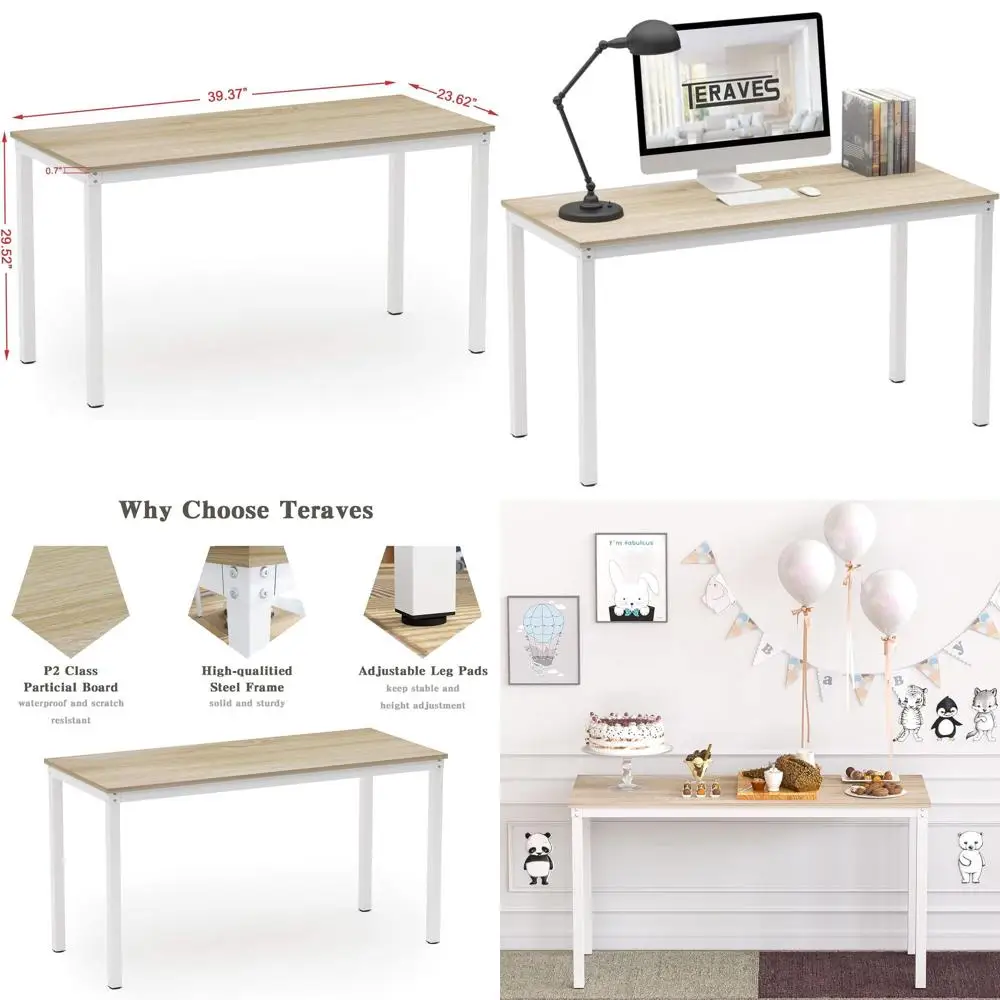 

Sturdy 39.37 Beige & White Writing Desk: Home Office Workstation or Dining Table
