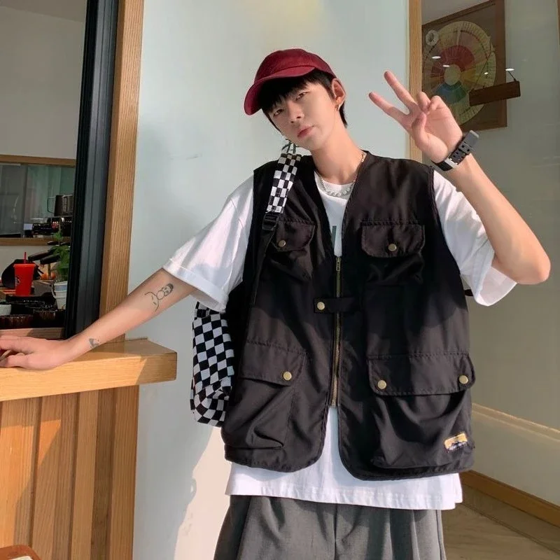 

2025 New Men's 100% Cotton Workwear Vest Unisex Sleeveless Utility Jacket with 5 Pockets Ins Style Streetwear Casual Top