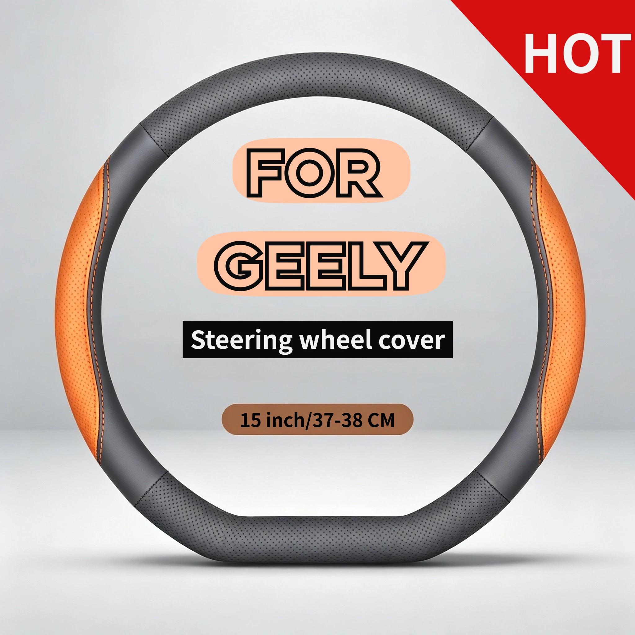 37-38CM Luxury Premium Nappa Leather Anti-Slip Steering Wheel Cover for Geely Atlas, Geely Azkarra, Geely Emgrand EC7 Auto Decor