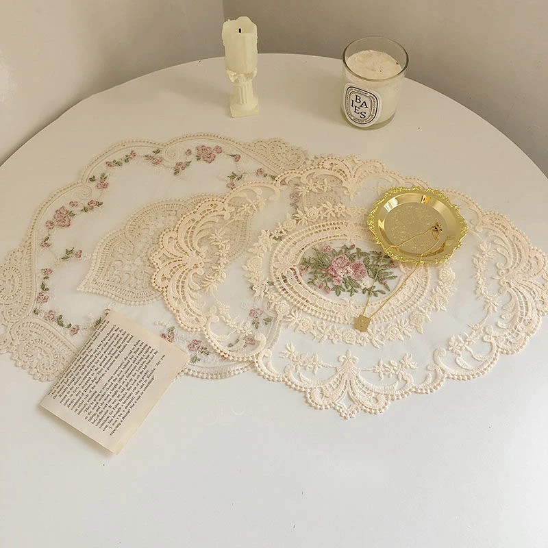 European Oval Lace Embroidered Coaster Bedroom Study Kitchen Cup Table Mat Food Fruit Plate Cover Cloth Living Room Decoration