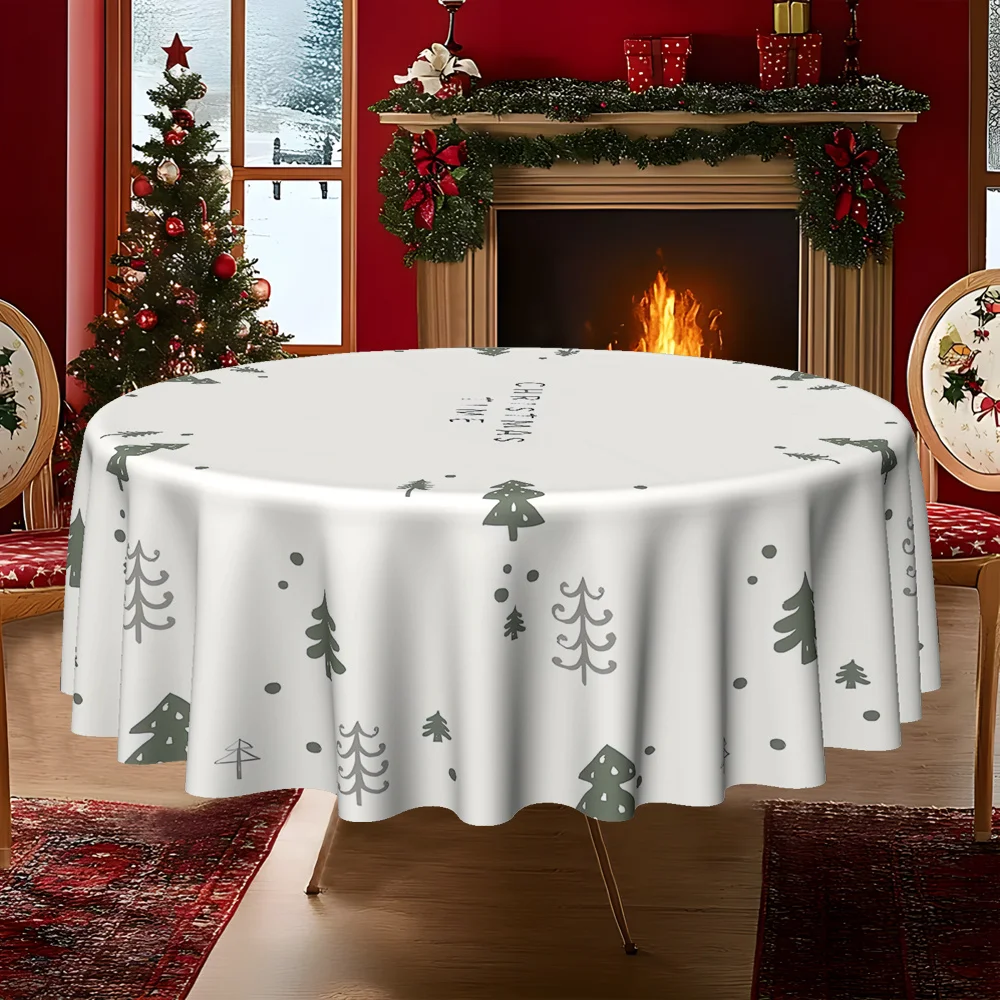 Christmas-themed pattern tablecloth with Christmas tree, snowflakes and other Christmas elements printed on it