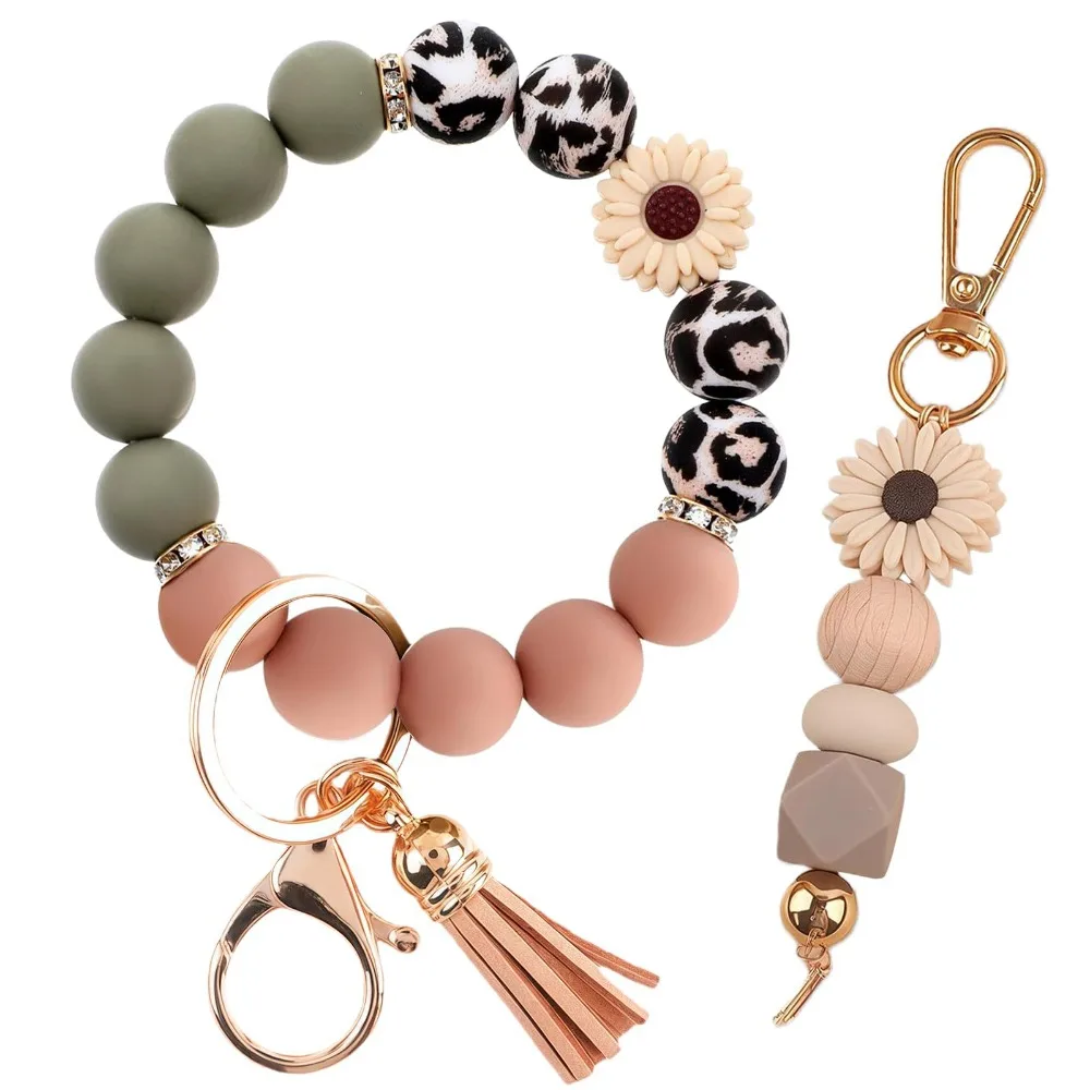 Daisy Bracelet Set Keychain Bag Charm Printed Silicone Beads Elastic String Bracelet Charm Purse Charms for Wallet Backpack