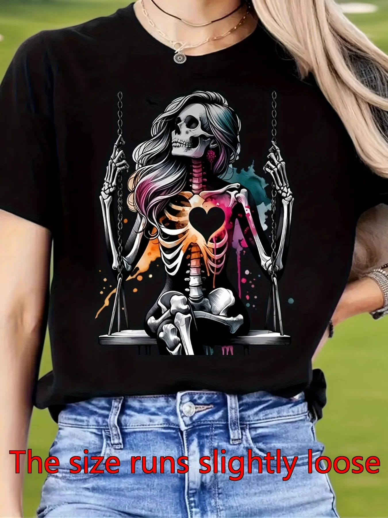Women's Gothic T-Shirt - Edgy Skull & Heart Print Round Neck Short Sleeve Top, Lightweight Summer & - Casual Wear, Machine Washable Artistic Tee for Layering & Everyday Outfits