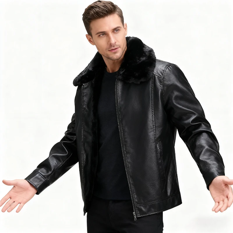 

2025 New Winter Thick Fleece-Lined Leather Jacket for Men, Turn-Down Collar Leather Coat, Windproof and Waterproof Men's Jacket