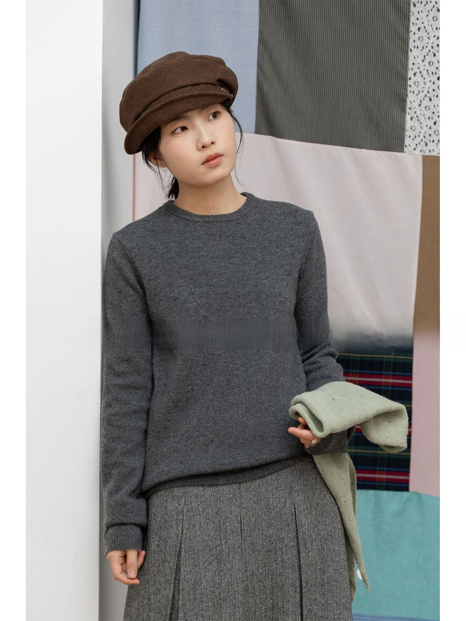 

Облегающий шерстяной вязаный топ с круглым вырезом в ретро-стиле, супер-эффект похудения, однотонный, женский, с длинным рукавом