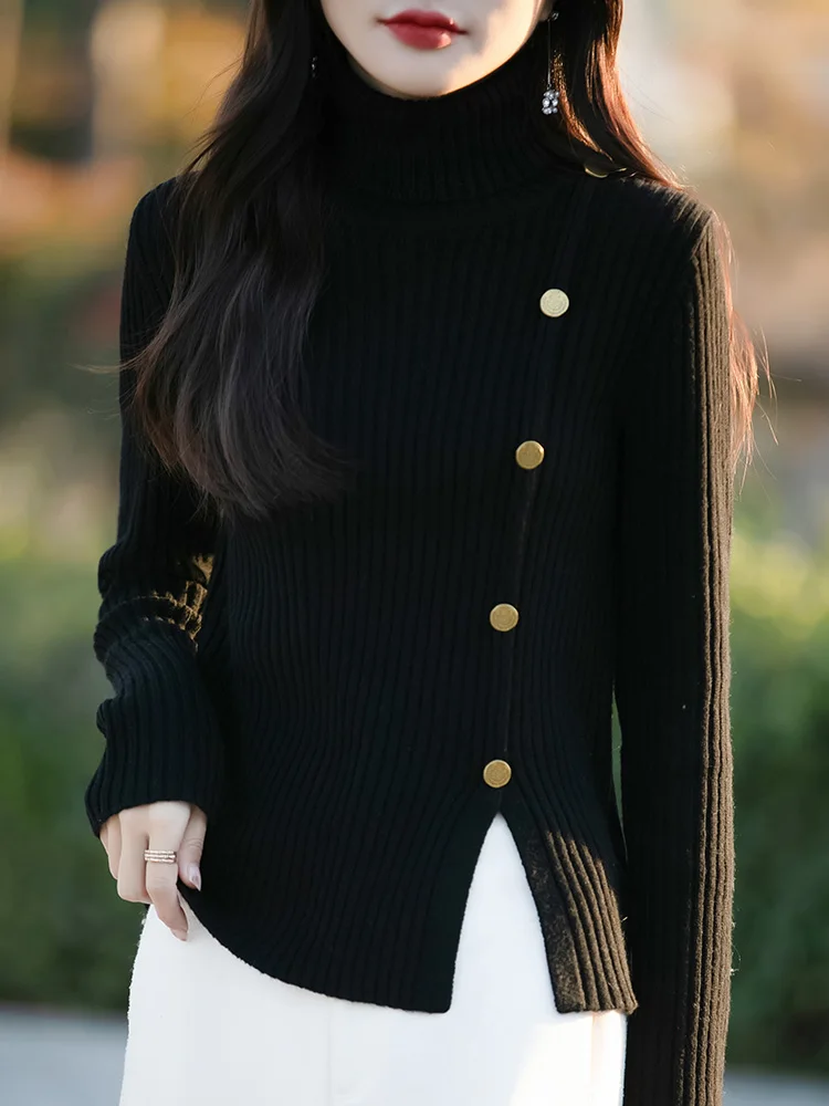 Unique Design Thiened High Collar Women's Knitted Sweater Slim Fit Side Slit Top Autumn Winter Staable Knit Base irt