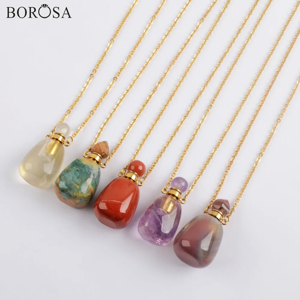 

Golden Color Natural Stones Perfume Bottle Necklaces for Women Agates Crystal Gems Essential Oil Diffuser Necklace Charms