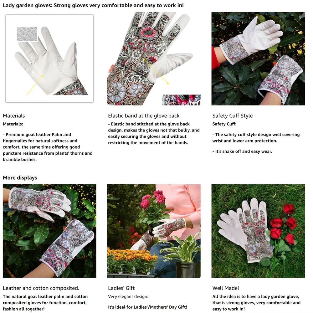 Guantes de trabajo de jardinería para mujer, Palma de cuero de cabra, espalda de algodón, resistencia a las espinas de plantas, protección de muñeca/brazo inferior, talla media