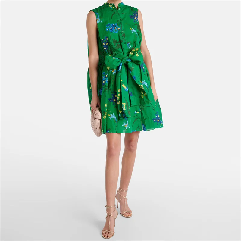 

fashion summer dresses 2024 New pure cottonLace up slim fit short dress printed sleeveless Short dresses Leisure vacation dress