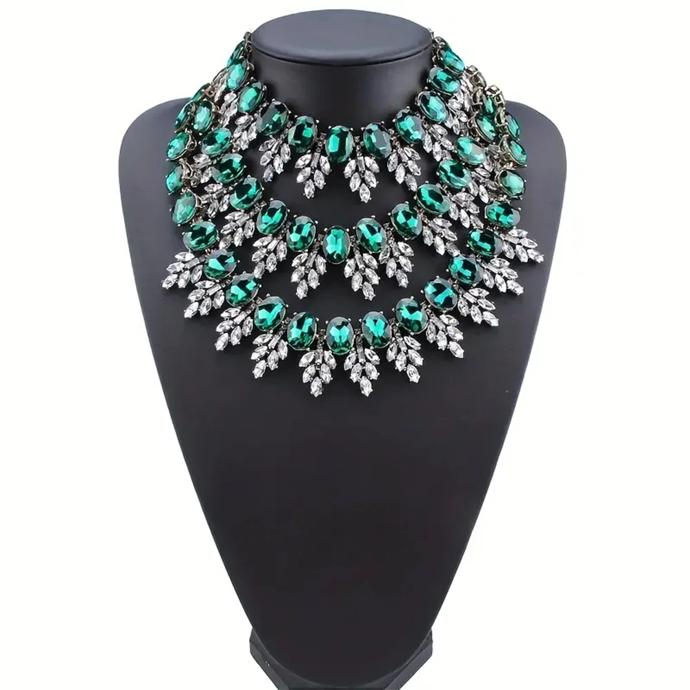 Vedawas Green Statement Rhinestone Necklace Body Chian Elegant Neck Chain Jewelry For Women